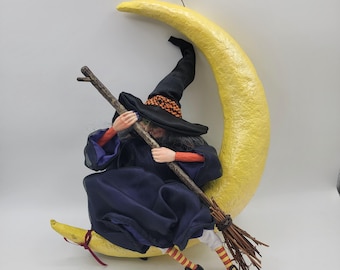 Laughing witch sitting on moon Halloween hanging decor paper mache moon