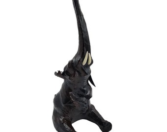 Vintage Elephant Statue Leather Wrapped Sitting 20” Tall Safari Decor Zoo Tusks