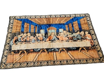 Plush velvet Da Vinci Last Supper wall art Vtg tapestry w Jesus and  disciples