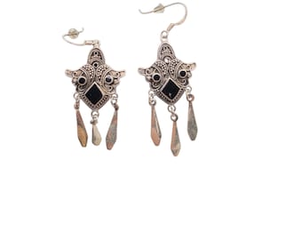 Pair of Vintage Sterling Silver-Onyx- Drop/Dangle Earrings Filligree Mask Face