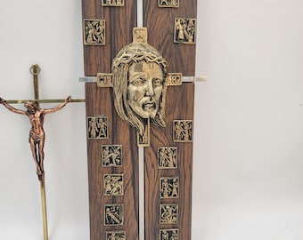 Vintage Stations of the Cross Crucifix Wood & Inri Brass Crucifix