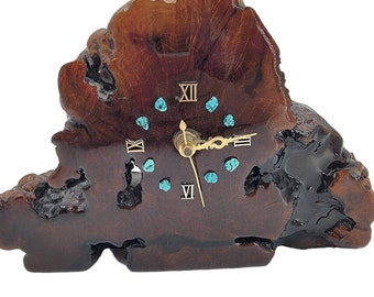Vintage Live Edge Wood Slab Turquoise Stone Handmade Clock 70s 80s