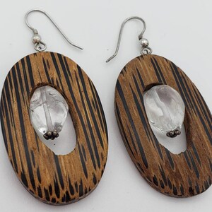 Wood and crystal quartz earrings.