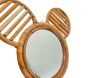 Round Brown Rattan Framed Wall Mirror Mouse Ear Design Wall Mounted Mickey