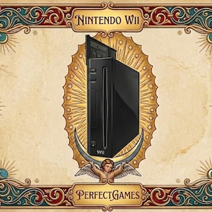 May include: A black Nintendo Wii game console centered within an ornate, vintage-style frame featuring floral patterns, a crescent moon, and an angel figure. The text NINTENDO WII appears at the top, and PERFECTGAMES is printed at the bottom.