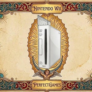 May include: A white Nintendo Wii game console is centered within an ornate, rectangular frame featuring red, gold, and teal floral patterns. The text NINTENDO WII appears at the top, and PERFECT GAMES is at the bottom, with a winged figure below.
