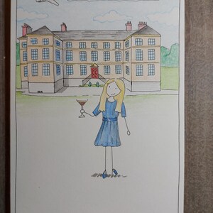 May include: Hand-drawn birthday card featuring a woman in a blue dress holding a cocktail in front of a large building. The card has the text "HAPPY 50TH BIRTHDAY" above the building and a small airplane. The building is beige with many windows.