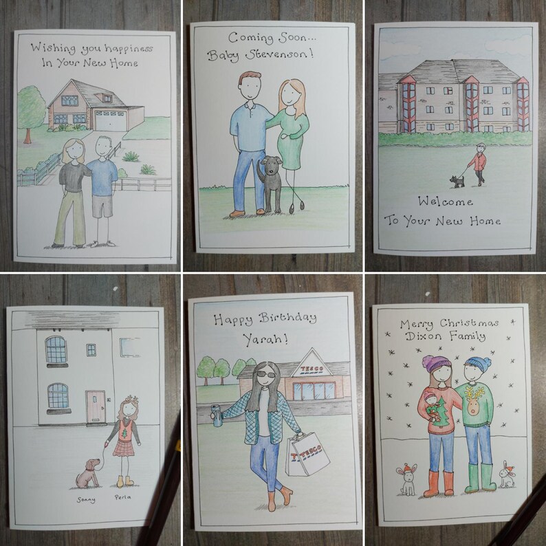 May include: A collection of six hand-drawn greeting cards. The cards feature illustrations of houses, couples, and families, with text such as "Wishing you happiness," "Coming Soon," "Happy Birthday," and "Merry Christmas." The cards are on a wooden surface.