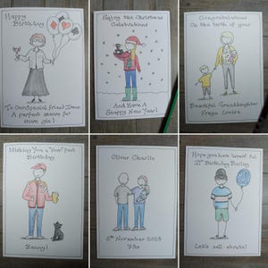 May include: A collection of six hand-drawn greeting cards with various illustrations and text. The cards feature birthday wishes, Christmas greetings, and congratulations. Each card has a unique design with figures and text, perfect for special occasions.