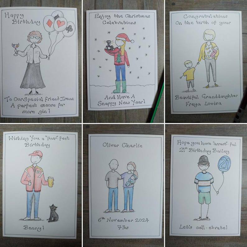 May include: A collection of six hand-drawn greeting cards with various illustrations and text. The cards feature birthday wishes, Christmas greetings, and congratulations. Each card has a unique design with figures and text, perfect for special occasions.