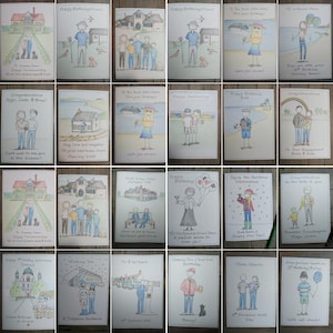 May include: A collection of hand-drawn greeting cards with various themes. Each card features a watercolor illustration of people, houses, and landscapes. Text is included on each card, with messages for birthdays, anniversaries, and other special occasions.