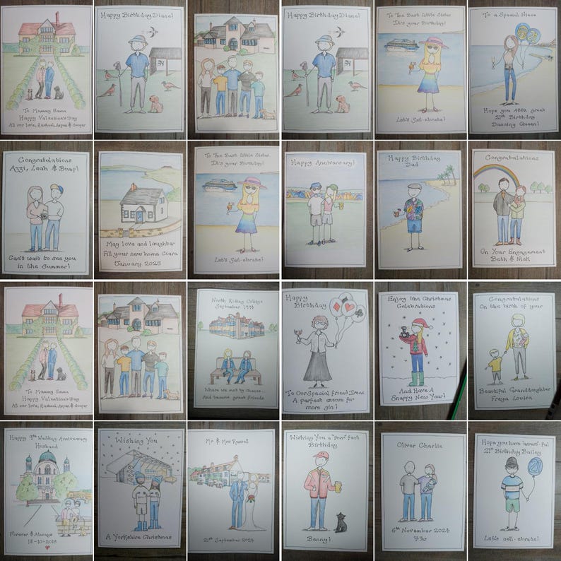 May include: A collection of hand-drawn greeting cards with various themes. Each card features a watercolor illustration of people, houses, and landscapes. Text is included on each card, with messages for birthdays, anniversaries, and other special occasions.