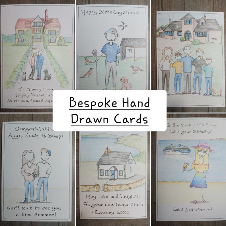 May include: A collection of bespoke hand-drawn cards. Each card features a unique watercolor illustration, including houses, people, and animals. Text on the cards includes birthday wishes, congratulations, and other personalized messages. The cards are on a wooden surface.