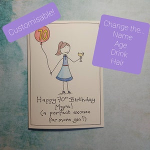 Tarjeta de cumpleaños número 70 personalizable para mujeres, tarjeta moderna para damas de 70 años, para ella, para amigas, para hermanas, para tías, para mamás, para abuelas
