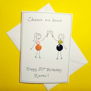 Tarjeta de 50 cumpleaños para damas con botones, divertida tarjeta de cumpleaños con prosecco o champán para amigas, para ella, para hermanas, para mamá