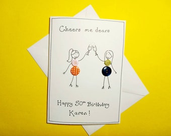 50th Birthday Card for Ladies with Buttons, Funny Birthday Card with Prosecco / Champagne for Friends, For Her, For Sisters, For Mum