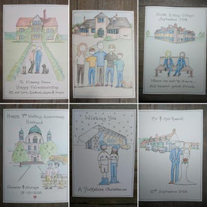 May include: A collection of six watercolor greeting cards. Each card features a hand-drawn illustration of a house, building, or couple. Text on the cards includes phrases like "Happy Valentine's Day" and "Wishing You".