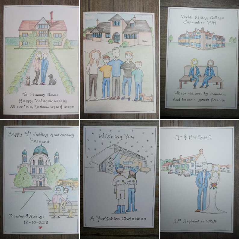 May include: A collection of six watercolor greeting cards. Each card features a hand-drawn illustration of a house, building, or couple. Text on the cards includes phrases like "Happy Valentine's Day" and "Wishing You".