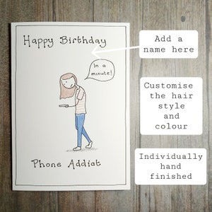 Tarjeta de cumpleaños personalizable para adolescente o niña, tarjeta de cumpleaños 14, 15, 16, 17, tarjeta divertida para adictos al teléfono, tarjeta de cumpleaños no binaria