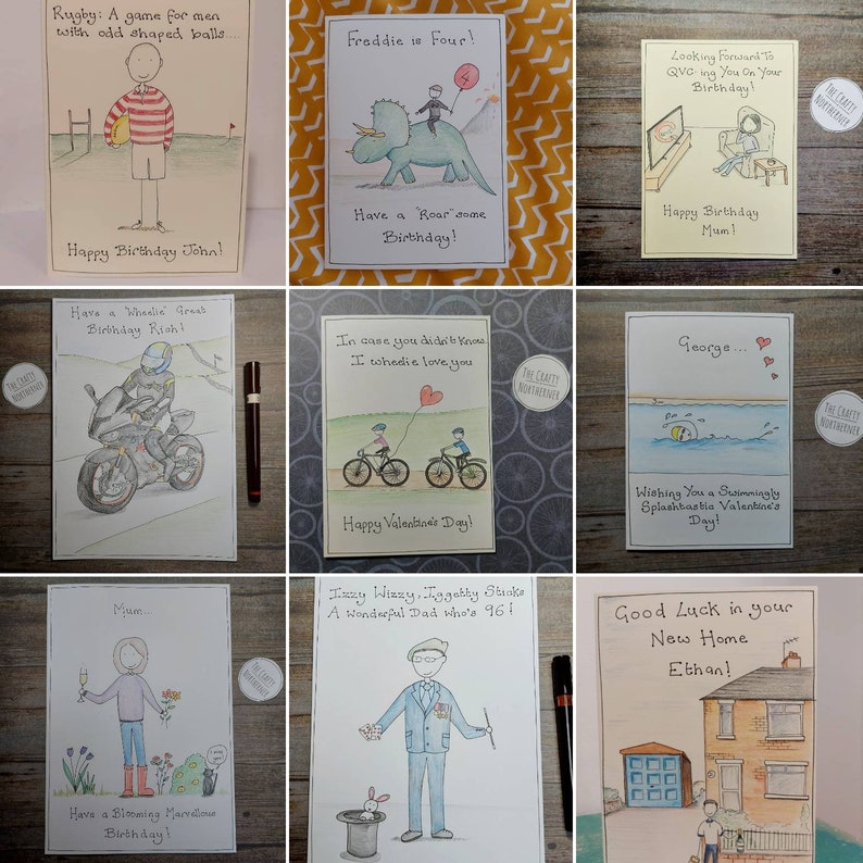 May include: A collection of handmade greeting cards with various illustrations and handwritten messages. Themes include birthdays, Valentine's Day, and a housewarming. Each card features unique artwork and text, suitable for different occasions.