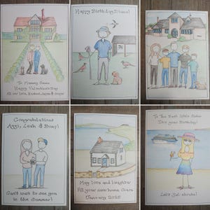 May include: A collection of six hand-drawn greeting cards. The cards feature illustrations of houses, people, and animals. Text on the cards includes birthday wishes, congratulations, and seasonal greetings. The cards are in a watercolor style.