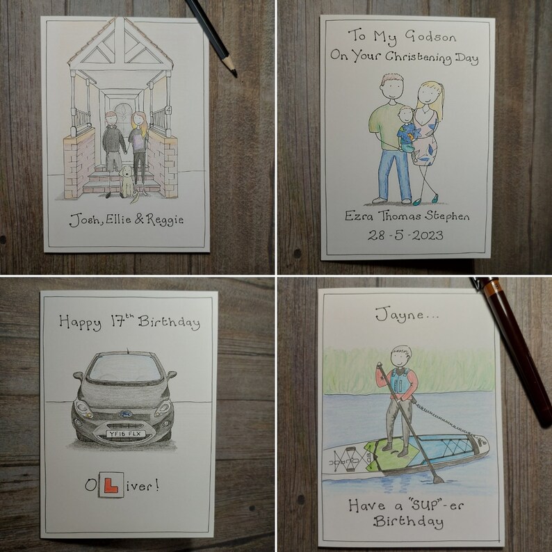 May include: Four hand-drawn greeting cards with illustrations and text. One card says "To My Godson On Your Christening Day" with a family illustration. Another says "Happy 17th Birthday" with a car drawing. The other two cards have illustrations of people and text.