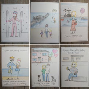 May include: A collection of six hand-drawn greeting cards. The cards feature illustrations of people, scenes, and text. The cards include messages for birthdays, Valentine's Day, and condolences. The color palette includes pink, blue, and gray.