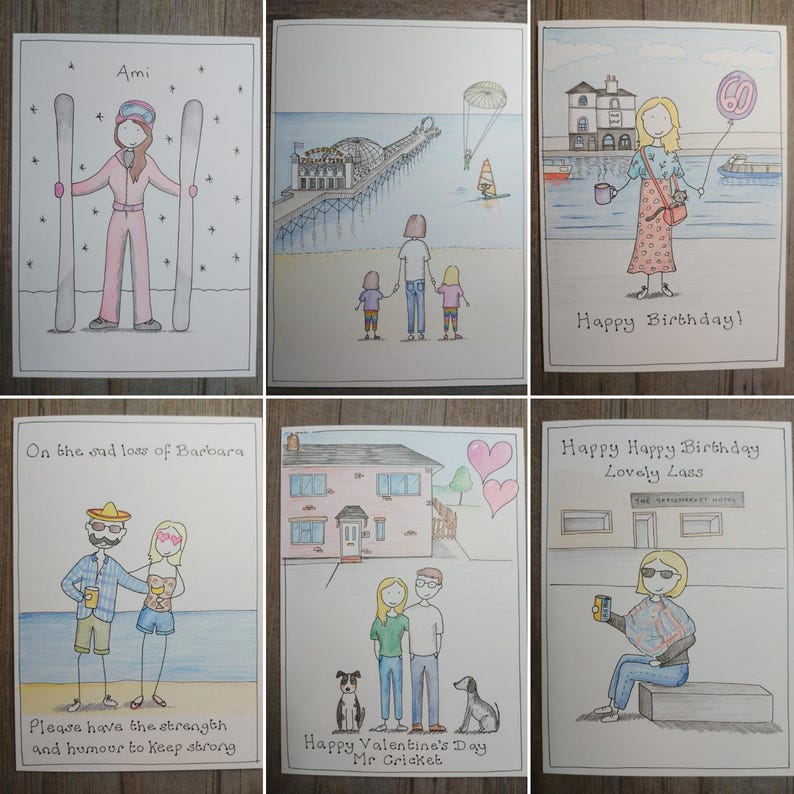 May include: A collection of six hand-drawn greeting cards. The cards feature illustrations of people, scenes, and text. The cards include messages for birthdays, Valentine's Day, and condolences. The color palette includes pink, blue, and gray.