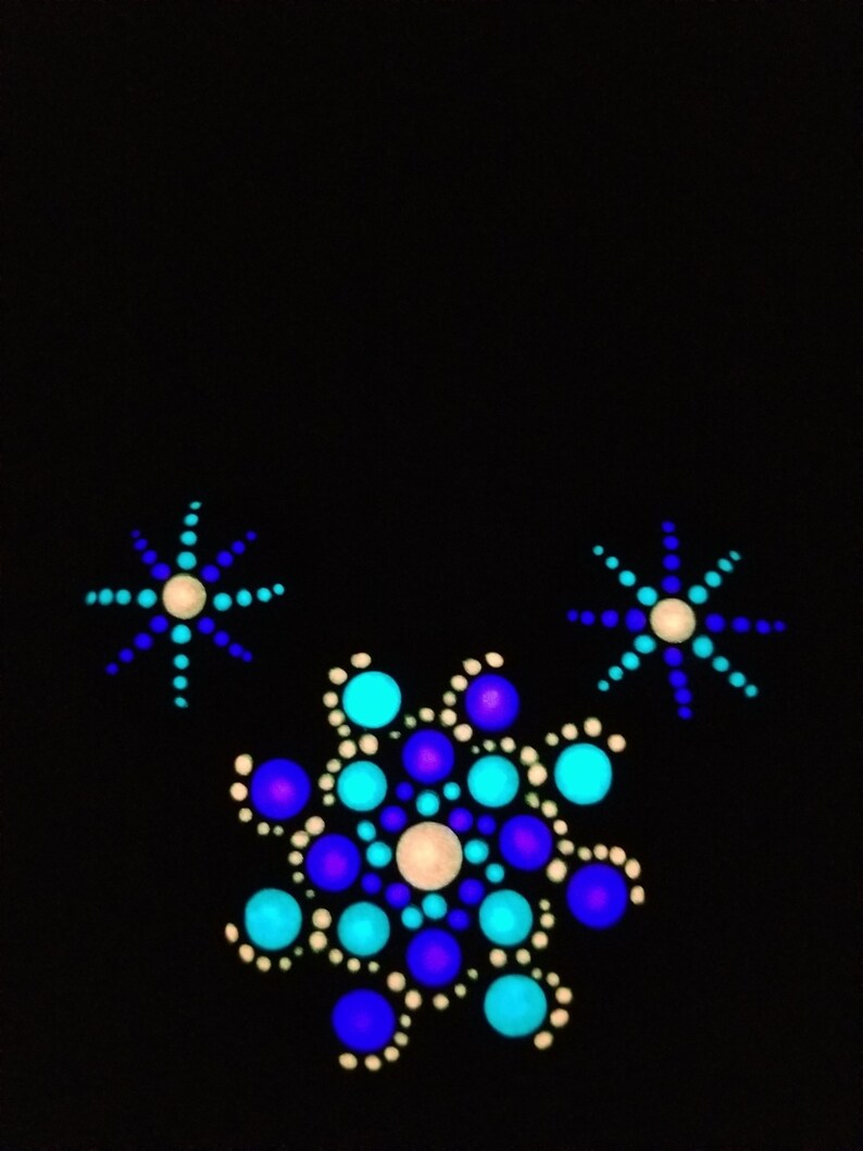 Blue Pink Purple Glow in the Dark Mickey shaped Mandala painted rock Magnet.