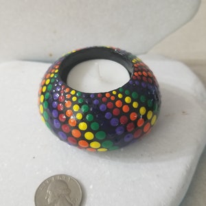 Rainbow Tea Light Candle Holder Resin Coated Mandala painted rock