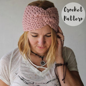 May include: A light pink crocheted headband with a twisted design. The headband is made of a textured yarn and is worn on the head. The image also includes the text "Crochet Pattern" in a white circle.