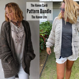 May include: Two women wearing crocheted cardigans. The cardigan on the left is a dark brown color and the cardigan on the right is a light beige color. The text "The Haven Cardi Pattern Bundle The Haven Lite" is displayed at the top of the image.