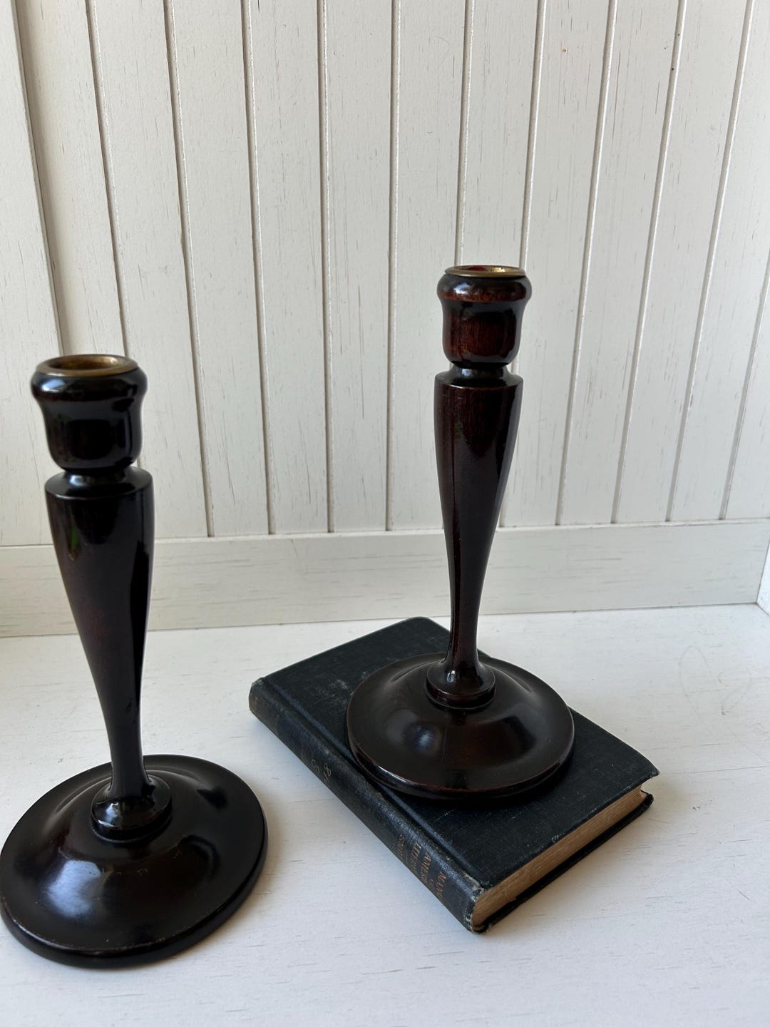 Vintage Turned Wood Candlestick Holders | Dark Wood Candle Set - Etsy