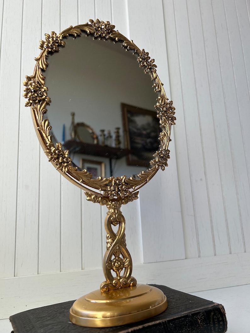 Vintage Ornate Gold Floral Vanity Mirror Brass Metal Gold Toned Swivel ...
