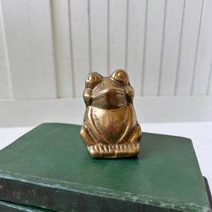 May include: A small, brass frog figurine with a detailed, textured surface. The frog is sitting on a stack of vintage green books. The figurine has large, round eyes and a smiling expression. The brass has a polished, reflective finish.