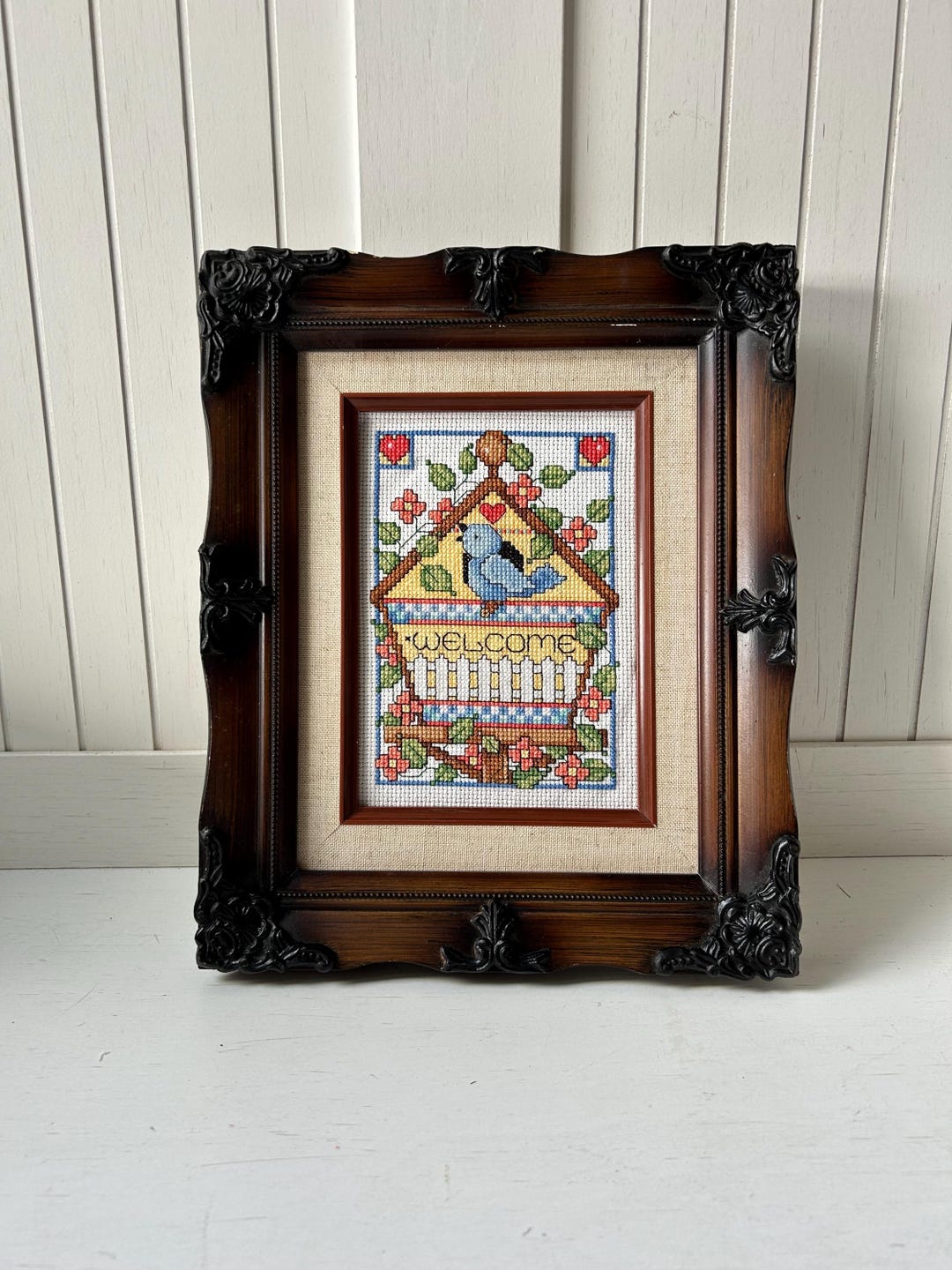 Vintage Needlepoint Welcome Sign | Vintage Bird Art | Vintage Framed ...