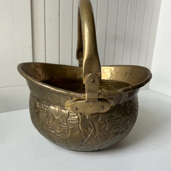 Vintage Hammered Brass Bucket | Ornate Floral Trinket Dish