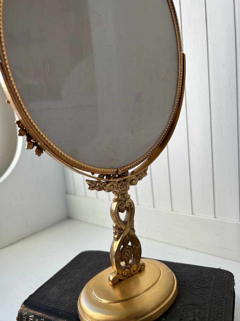 Vintage Ornate Gold Floral Vanity Mirror Brass Metal Gold Toned Swivel ...