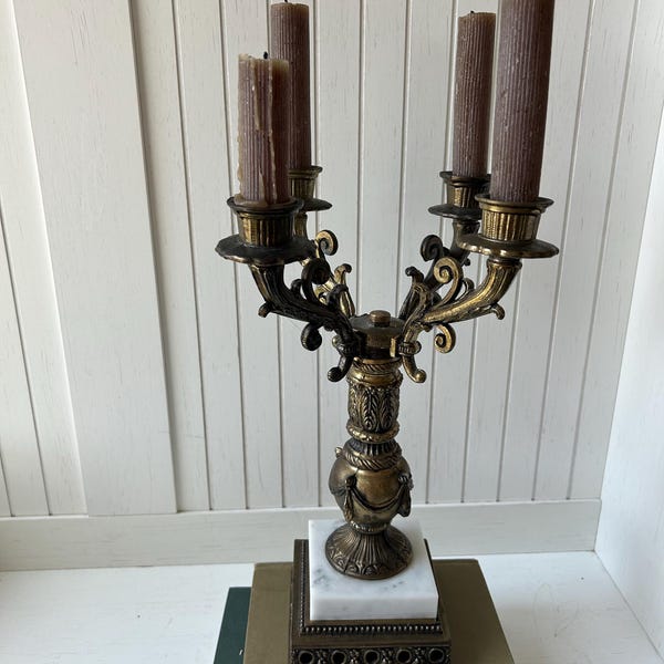 Vintage Brass Candelabra | Art Nouveau Brass Candelabra | 4 Arm Candelabra | Victorian Style Candelabra | Brass and Marble Candelabra