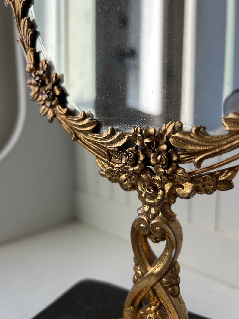 Vintage Ornate Gold Floral Vanity Mirror Brass Metal Gold Toned Swivel ...