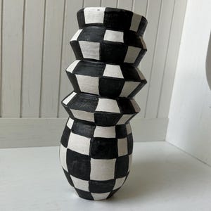Handmade Black & White Checkered Pottery Vase | Signed Studio Art | Geometric Pottery Vase | Checkered Vase | Black and white pottery