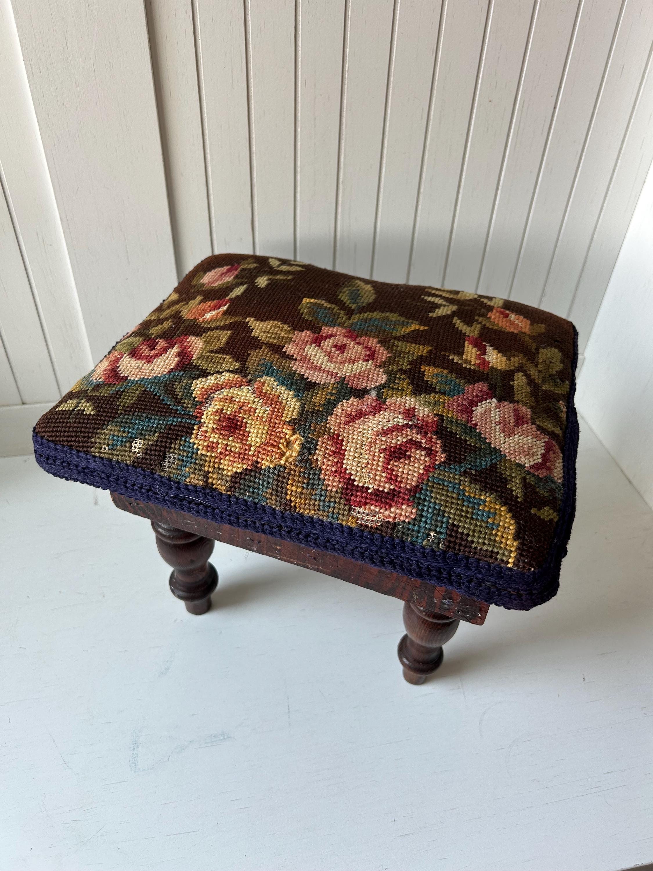 Vintage Needlepoint Stool | Vintage Step Stool | Vintage Wooden Stool ...