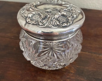 Antique Cut Glass Vanity Jar: Embossed Silver Plated Lid, Early 1900s