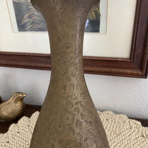Vintage Etched Floral Brass Vase - 11&quot; Tall
