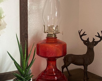 Vintage Red Glass Oil Lamp Eagle Burner Glass Oil Lamp With Beaded Glass Chimney