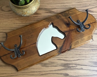 Vintage 1990s Equestrian Wall Hooks Wood Horse Mirror with Coat Hooks