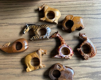 Vintage Wooden Napkin Holders Safari Animals Elephant Giraffe Lion Set Of 8