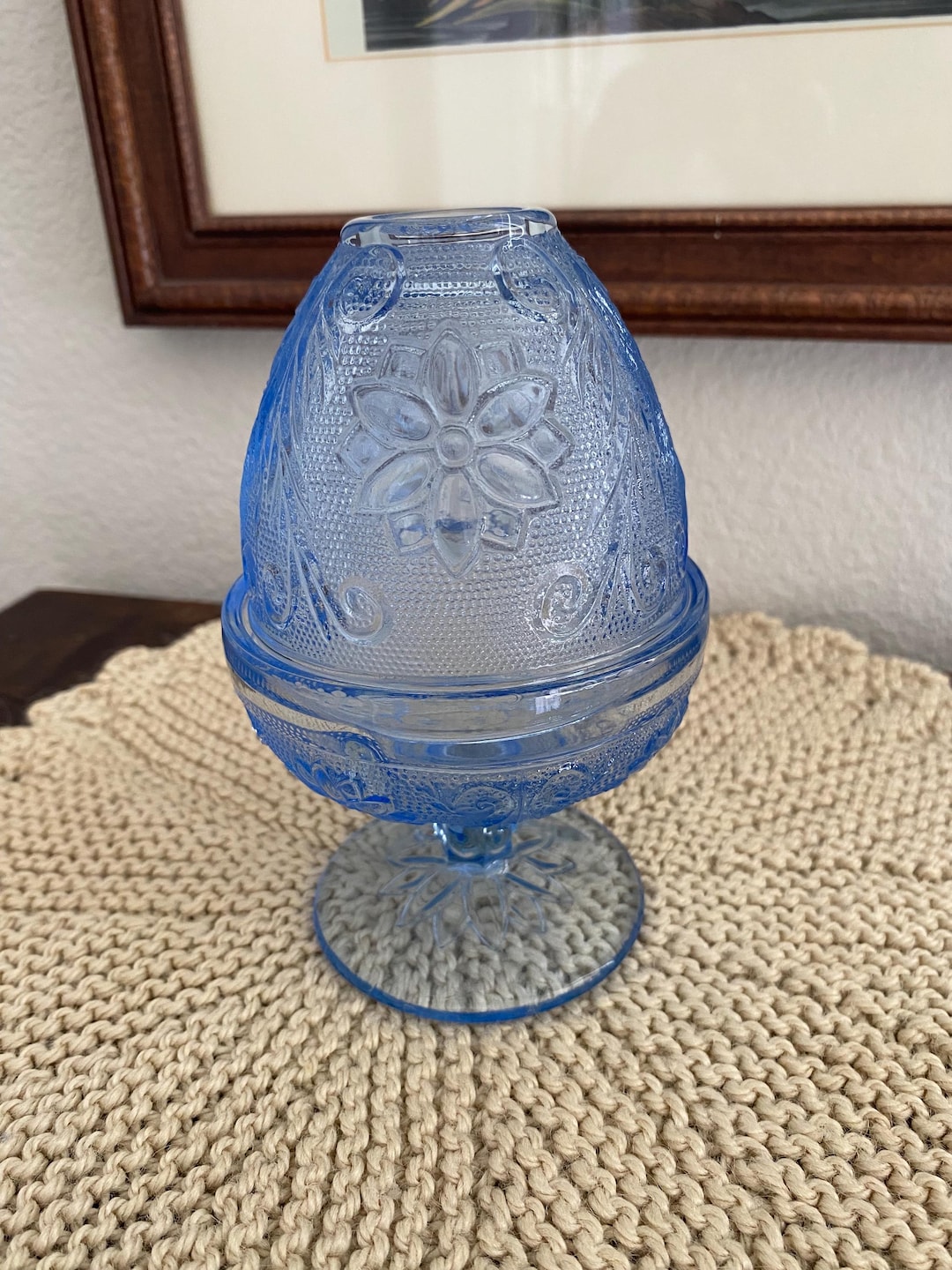 Vintage Tiara Blue Chantilly Sandwich Indiana Glass Fairy Lamp Candle ...