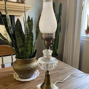 Vintage Midcentury Marble And Glass Lamp Hurricane Shade Brass Table Lamp