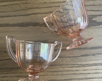 Vintage Depression Glass Cream And Sugar Bowl Pink Glass Cream And Sugar Set